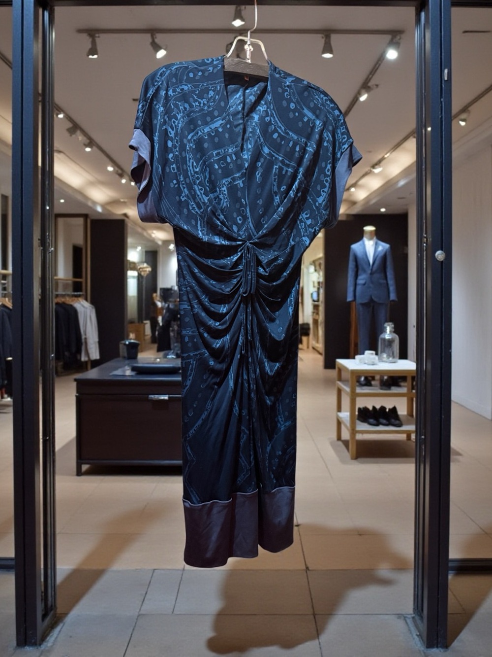 Allegra Hicks blue silk draped ruched Midi Dress with Subtle Print London design